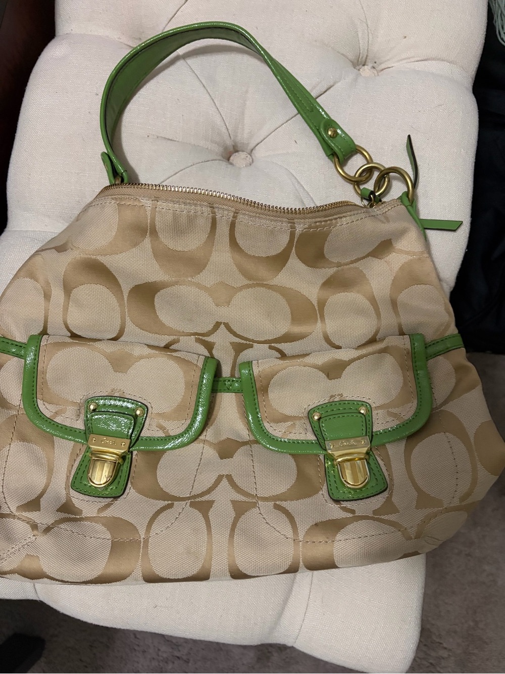 Coach Beige Signature Canvas Shoulder Bag with Green Trim